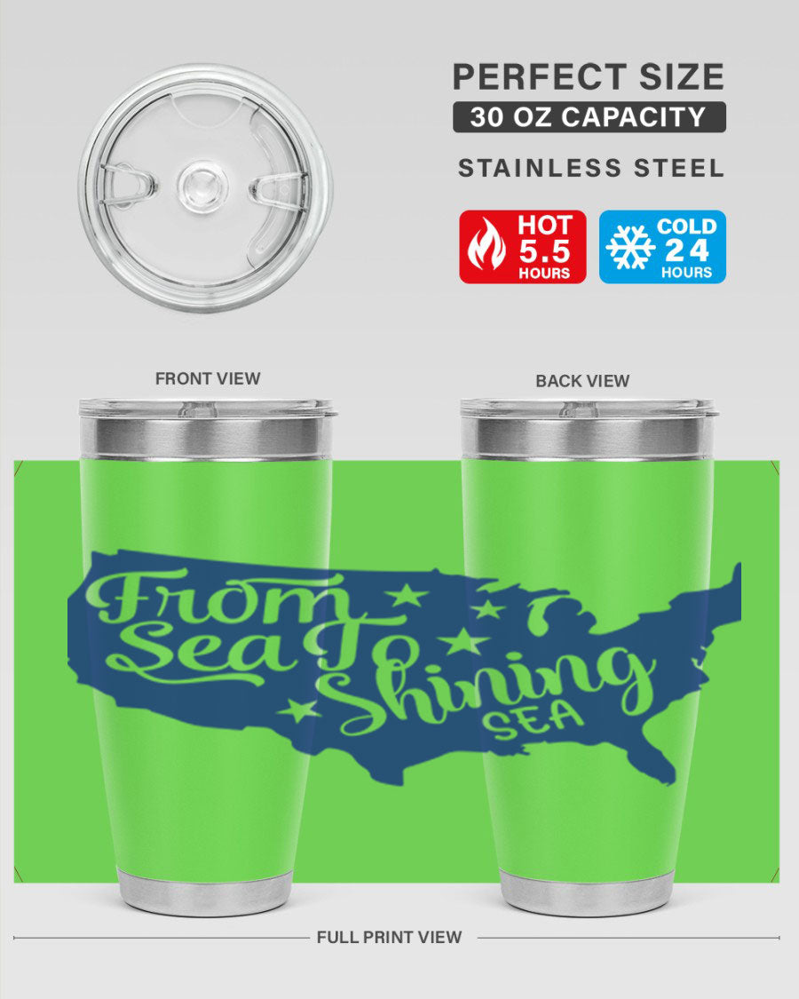 From Sea to Shining Sea Style 52# Tumbler featuring a patriotic design, made from stainless steel with a drink-thru lid.