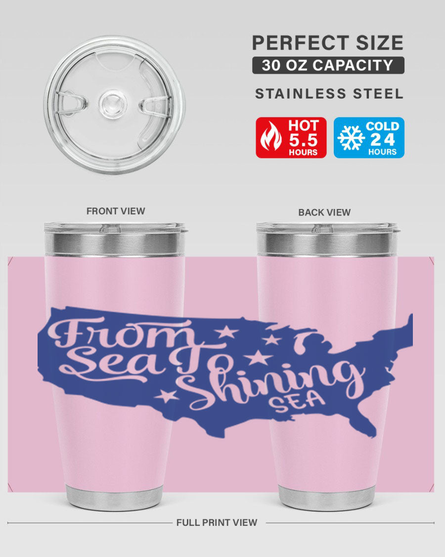 From Sea to Shining Sea Style 52# Tumbler featuring a patriotic design, made from stainless steel with a drink-thru lid.