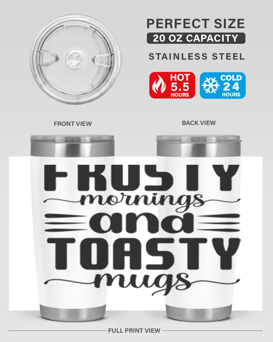 Frosty Mornings and Toasty Mugs 20oz stainless steel tumbler with a drink-thru lid, showcasing its sleek design and copper lining.