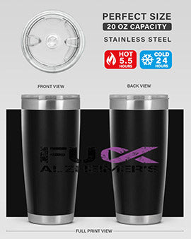 Fuck Alzheimers Fuck Dementia Tumbler in stainless steel with a vibrant print, showcasing its double wall vacuum design.