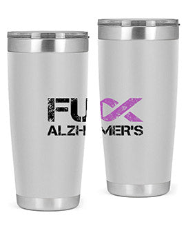 Fuck Alzheimers Fuck Dementia Tumbler in stainless steel with a vibrant print, showcasing its double wall vacuum design.