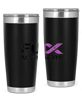 Fuck Alzheimers Fuck Dementia Tumbler in stainless steel with a vibrant print, showcasing its double wall vacuum design.