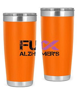 Fuck Alzheimers Fuck Dementia Tumbler in stainless steel with a vibrant print, showcasing its double wall vacuum design.