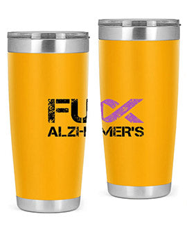 Fuck Alzheimers Fuck Dementia Tumbler in stainless steel with a vibrant print, showcasing its double wall vacuum design.