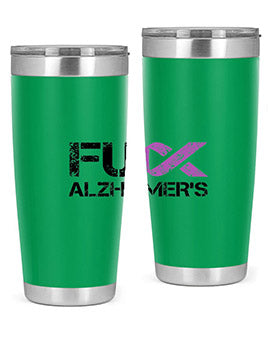 Fuck Alzheimers Fuck Dementia Tumbler in stainless steel with a vibrant print, showcasing its double wall vacuum design.