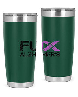 Fuck Alzheimers Fuck Dementia Tumbler in stainless steel with a vibrant print, showcasing its double wall vacuum design.