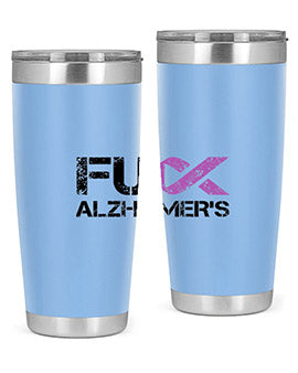 Fuck Alzheimers Fuck Dementia Tumbler in stainless steel with a vibrant print, showcasing its double wall vacuum design.