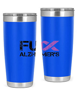 Fuck Alzheimers Fuck Dementia Tumbler in stainless steel with a vibrant print, showcasing its double wall vacuum design.