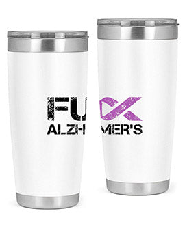 Fuck Alzheimers Fuck Dementia Tumbler in stainless steel with a vibrant print, showcasing its double wall vacuum design.