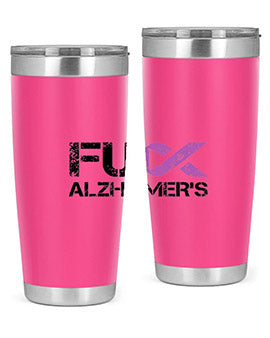 Fuck Alzheimers Fuck Dementia Tumbler in stainless steel with a vibrant print, showcasing its double wall vacuum design.