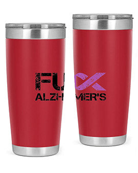 Fuck Alzheimers Fuck Dementia Tumbler in stainless steel with a vibrant print, showcasing its double wall vacuum design.