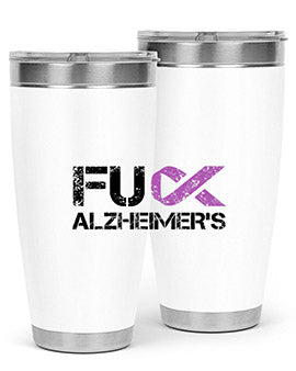 Fuck Alzheimers Fuck Dementia Tumbler in stainless steel with a vibrant print, showcasing its double wall vacuum design.