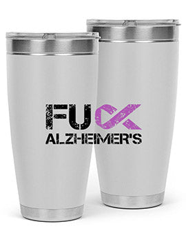 Fuck Alzheimers Fuck Dementia Tumbler in stainless steel with a vibrant print, showcasing its double wall vacuum design.