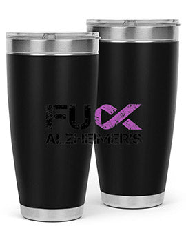 Fuck Alzheimers Fuck Dementia Tumbler in stainless steel with a vibrant print, showcasing its double wall vacuum design.