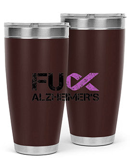 Fuck Alzheimers Fuck Dementia Tumbler in stainless steel with a vibrant print, showcasing its double wall vacuum design.