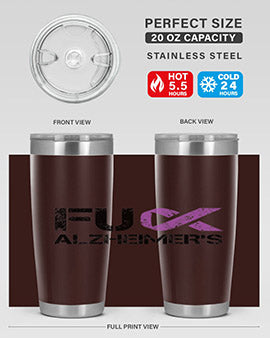 Fuck Alzheimers Fuck Dementia Tumbler in stainless steel with a vibrant print, showcasing its double wall vacuum design.