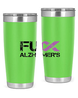 Fuck Alzheimers Fuck Dementia Tumbler in stainless steel with a vibrant print, showcasing its double wall vacuum design.