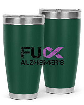 Fuck Alzheimers Fuck Dementia Tumbler in stainless steel with a vibrant print, showcasing its double wall vacuum design.