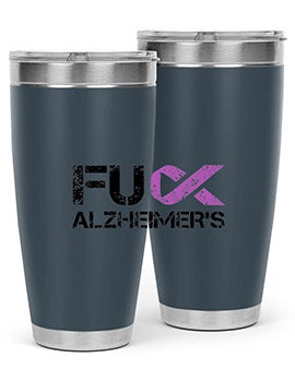 Fuck Alzheimers Fuck Dementia Tumbler in stainless steel with a vibrant print, showcasing its double wall vacuum design.