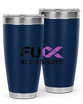 Fuck Alzheimers Fuck Dementia Tumbler in stainless steel with a vibrant print, showcasing its double wall vacuum design.