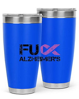 Fuck Alzheimers Fuck Dementia Tumbler in stainless steel with a vibrant print, showcasing its double wall vacuum design.