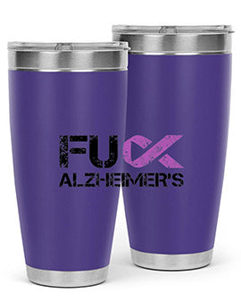 Fuck Alzheimers Fuck Dementia Tumbler in stainless steel with a vibrant print, showcasing its double wall vacuum design.