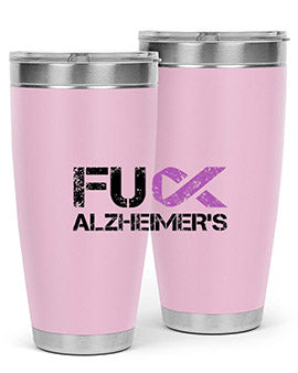 Fuck Alzheimers Fuck Dementia Tumbler in stainless steel with a vibrant print, showcasing its double wall vacuum design.