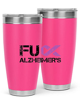 Fuck Alzheimers Fuck Dementia Tumbler in stainless steel with a vibrant print, showcasing its double wall vacuum design.