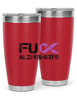 Fuck Alzheimers Fuck Dementia Tumbler in stainless steel with a vibrant print, showcasing its double wall vacuum design.