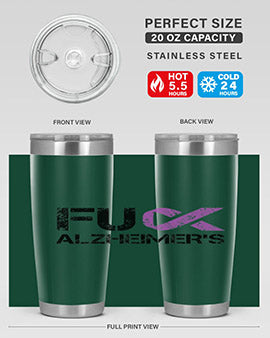 Fuck Alzheimers Fuck Dementia Tumbler in stainless steel with a vibrant print, showcasing its double wall vacuum design.