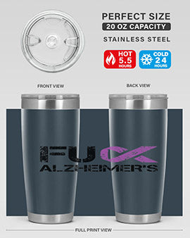 Fuck Alzheimers Fuck Dementia Tumbler in stainless steel with a vibrant print, showcasing its double wall vacuum design.