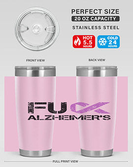 Fuck Alzheimers Fuck Dementia Tumbler in stainless steel with a vibrant print, showcasing its double wall vacuum design.