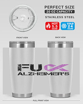 Fuck Alzheimers Fuck Dementia Tumbler in stainless steel with a vibrant print, showcasing its double wall vacuum design.