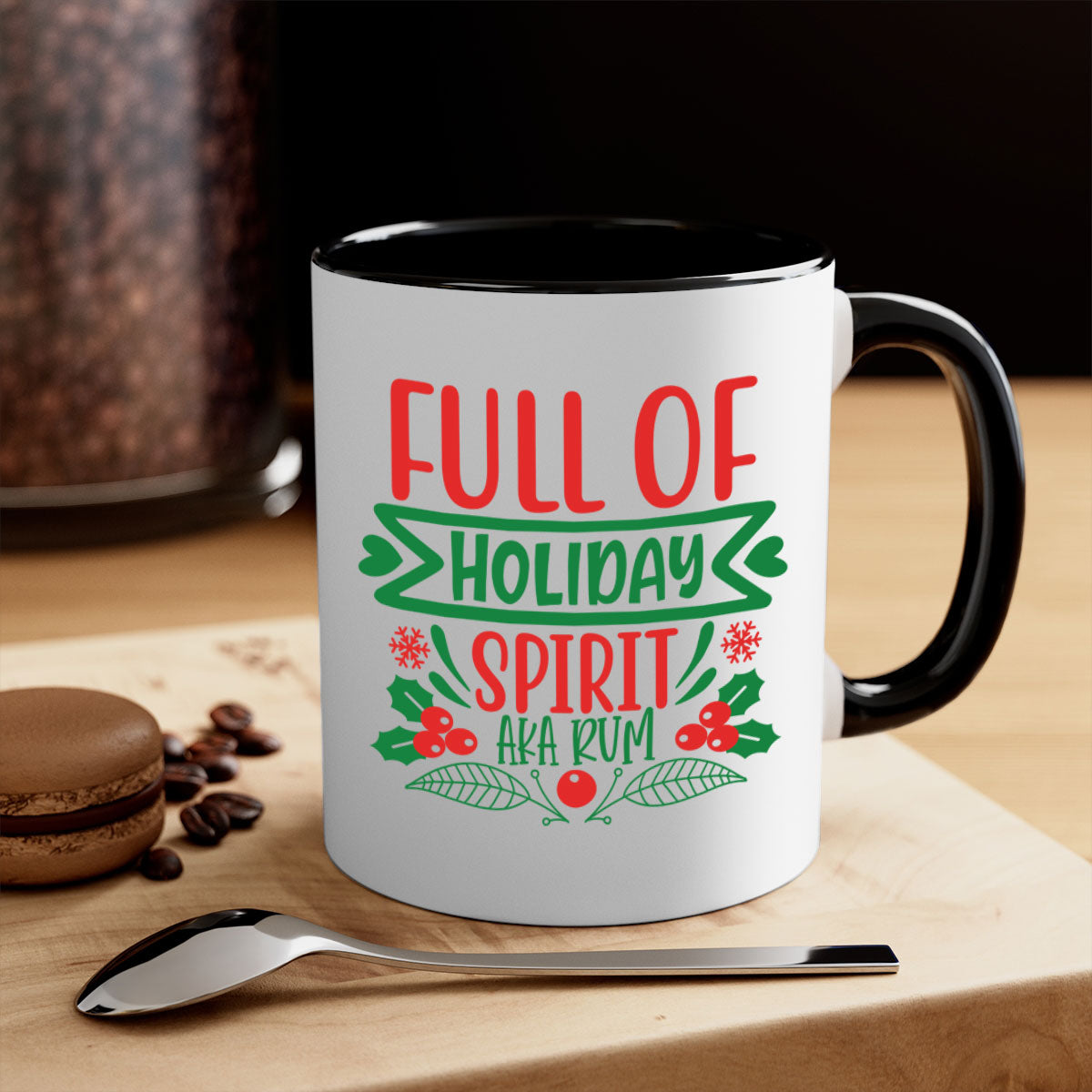 Full of holiday spirit aka rum style 222# Mug with a glossy finish, colored handle, and interior, available in five vibrant colors.