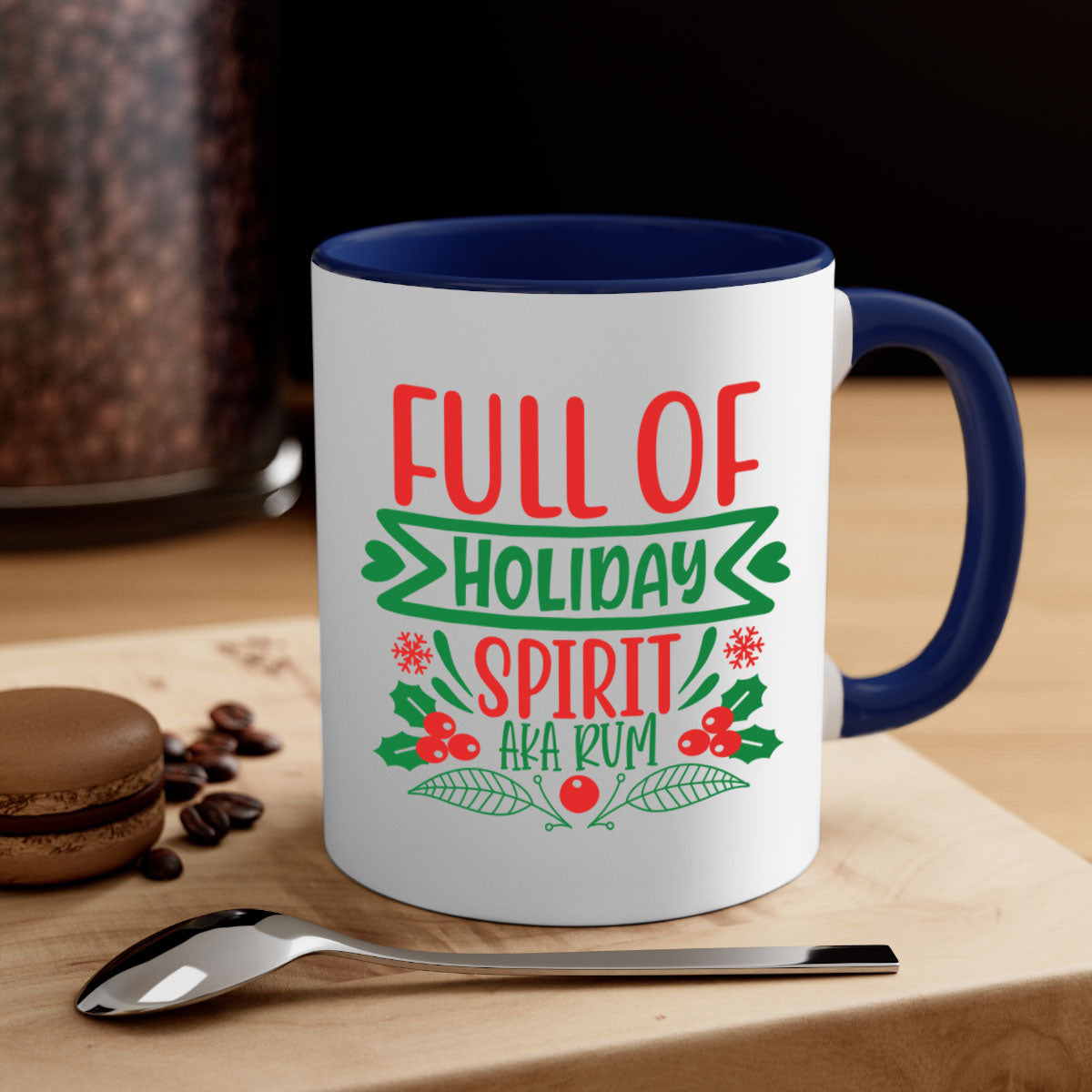 Full of holiday spirit aka rum style 222# Mug with a glossy finish, colored handle, and interior, available in five vibrant colors.