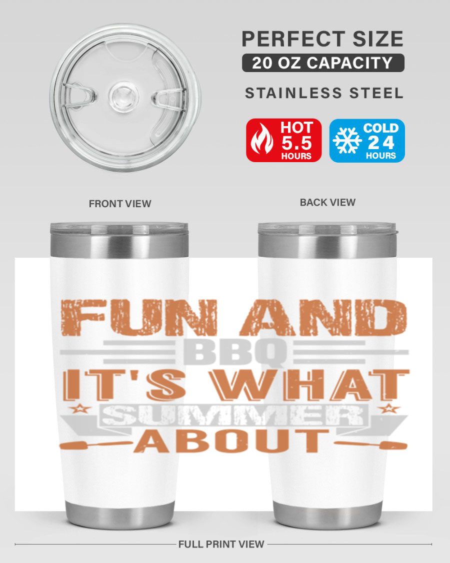 Fun and BBQ 44# Tumbler in stainless steel with a drink-thru lid, showcasing its sleek design and vibrant print.