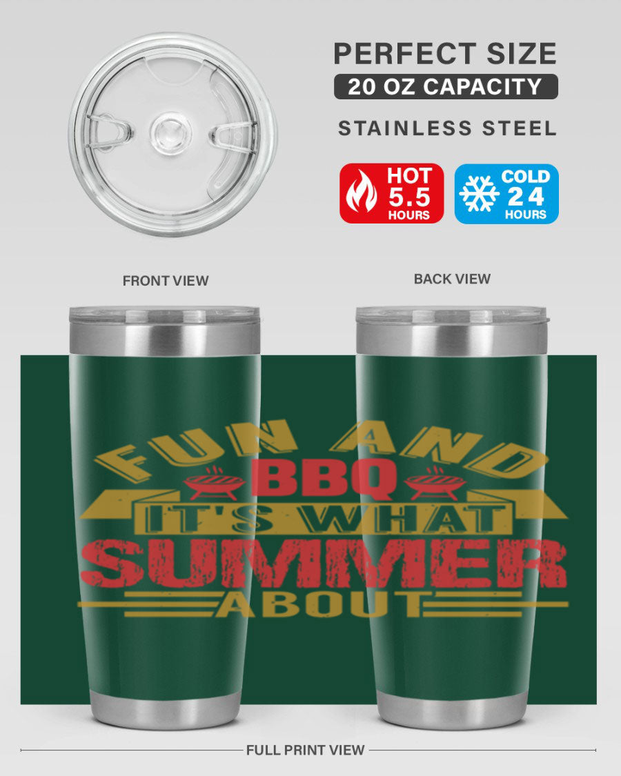Fun and BBQ 20oz and 30oz tumblers made of stainless steel, featuring vibrant summer-themed designs, perfect for hot and cold beverages.