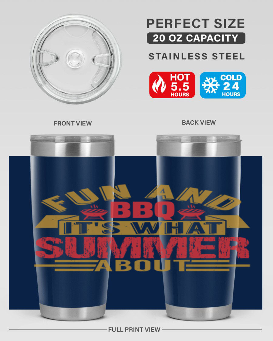 Fun and BBQ 20oz and 30oz tumblers made of stainless steel, featuring vibrant summer-themed designs, perfect for hot and cold beverages.