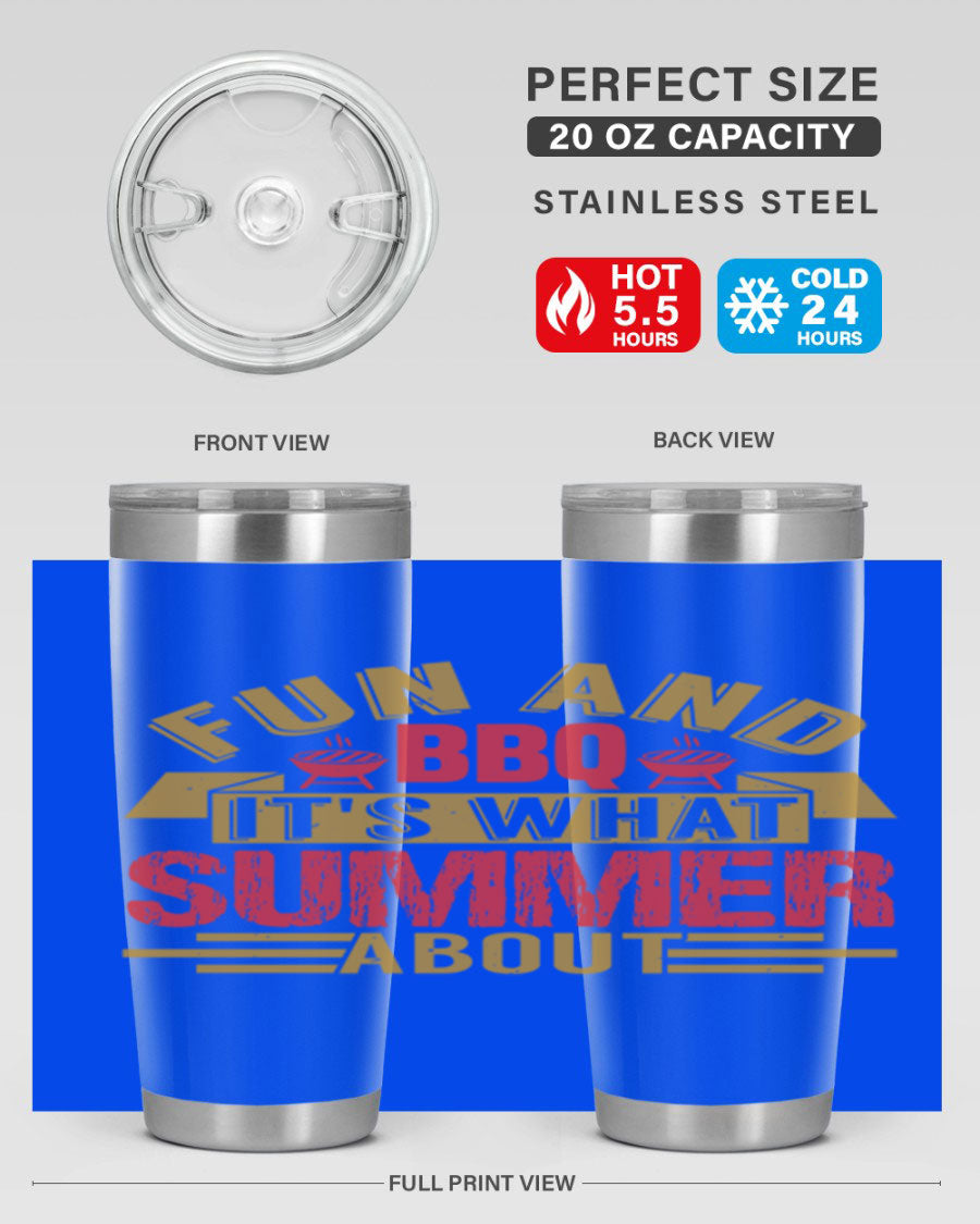 Fun and BBQ 20oz and 30oz tumblers made of stainless steel, featuring vibrant summer-themed designs, perfect for hot and cold beverages.