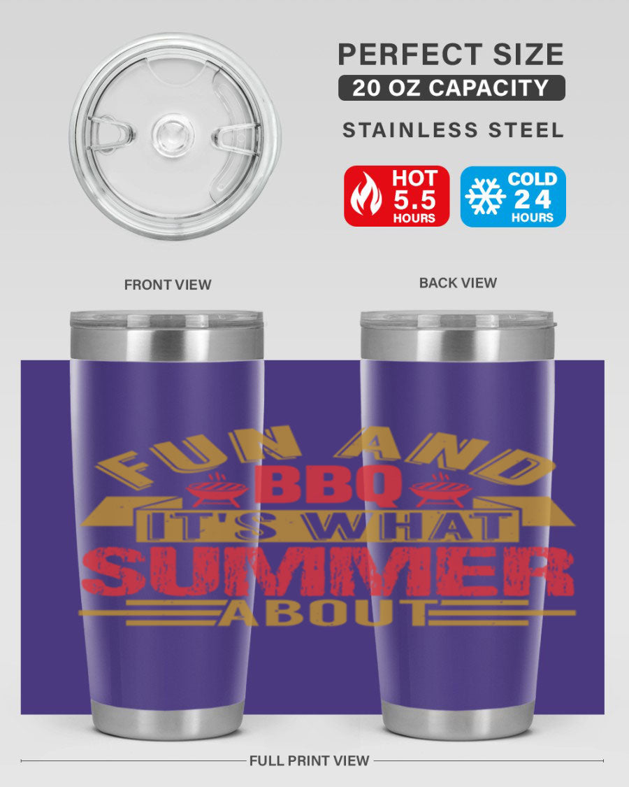Fun and BBQ 20oz and 30oz tumblers made of stainless steel, featuring vibrant summer-themed designs, perfect for hot and cold beverages.