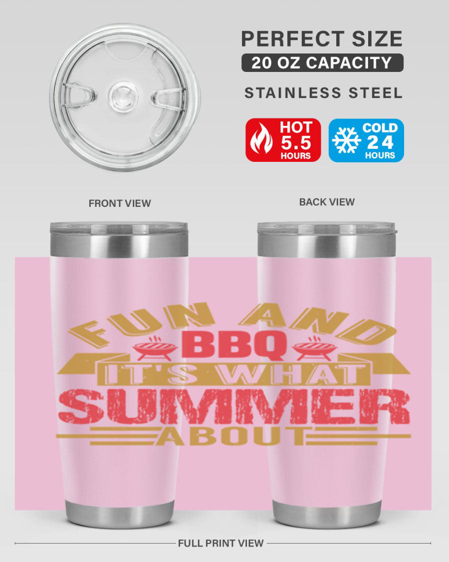 Fun and BBQ 20oz and 30oz tumblers made of stainless steel, featuring vibrant summer-themed designs, perfect for hot and cold beverages.