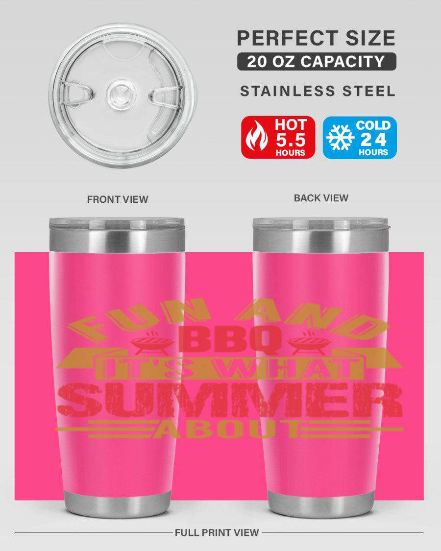 Fun and BBQ 20oz and 30oz tumblers made of stainless steel, featuring vibrant summer-themed designs, perfect for hot and cold beverages.