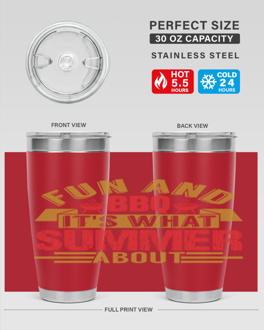 Fun and BBQ 20oz and 30oz tumblers made of stainless steel, featuring vibrant summer-themed designs, perfect for hot and cold beverages.