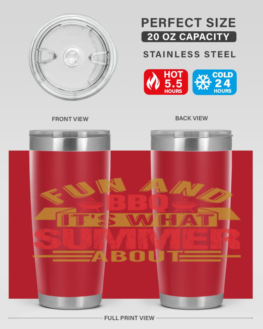 Fun and BBQ 20oz and 30oz tumblers made of stainless steel, featuring vibrant summer-themed designs, perfect for hot and cold beverages.