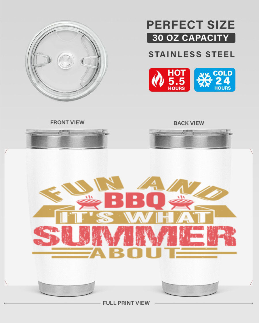 Fun and BBQ 20oz and 30oz tumblers made of stainless steel, featuring vibrant summer-themed designs, perfect for hot and cold beverages.