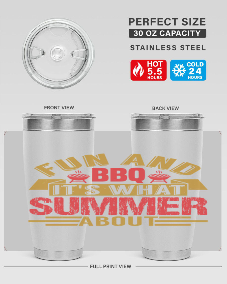 Fun and BBQ 20oz and 30oz tumblers made of stainless steel, featuring vibrant summer-themed designs, perfect for hot and cold beverages.