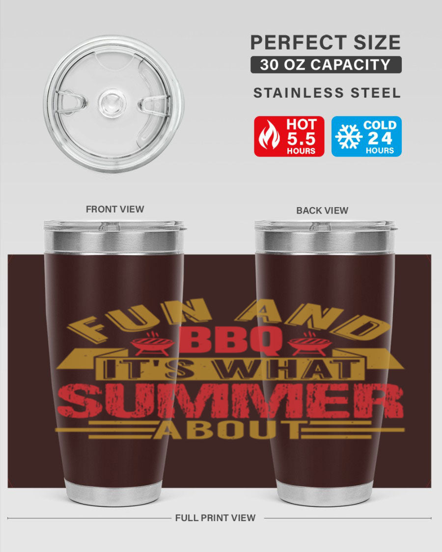 Fun and BBQ 20oz and 30oz tumblers made of stainless steel, featuring vibrant summer-themed designs, perfect for hot and cold beverages.