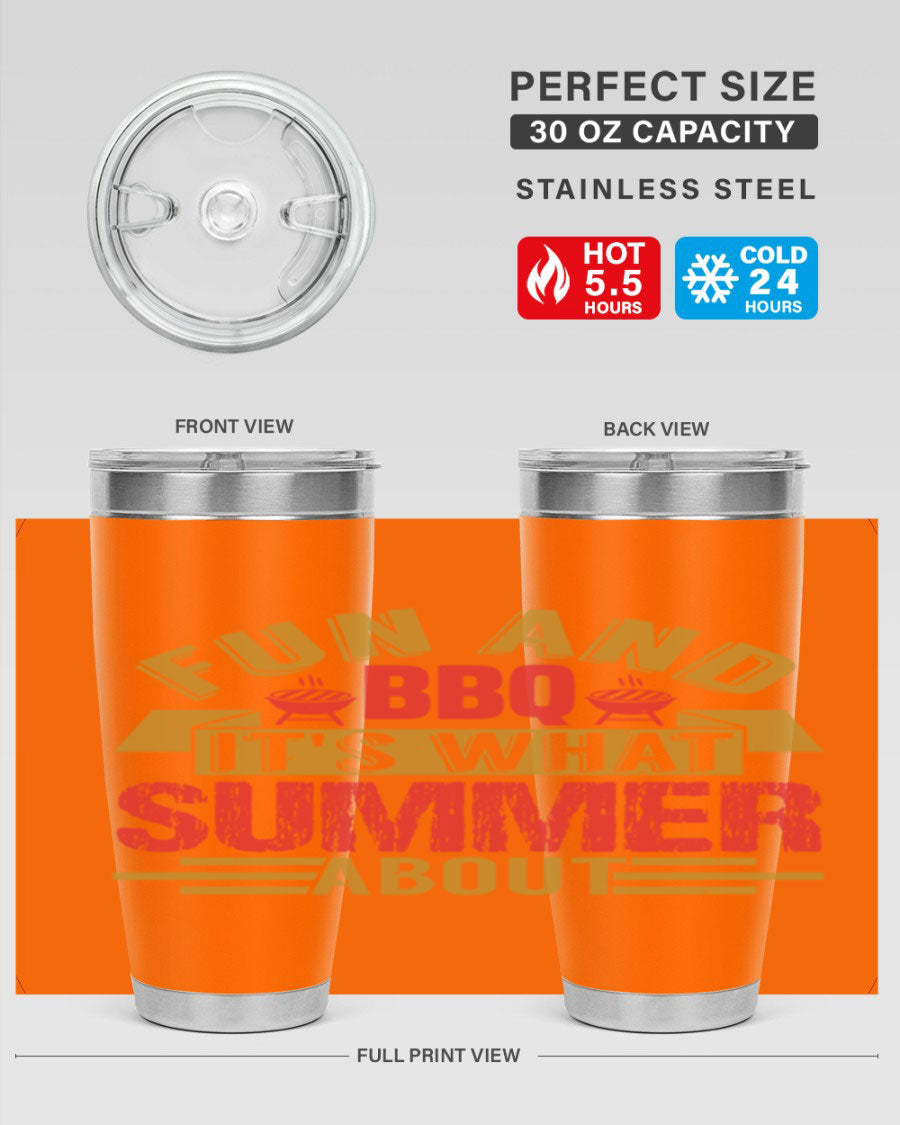 Fun and BBQ 20oz and 30oz tumblers made of stainless steel, featuring vibrant summer-themed designs, perfect for hot and cold beverages.