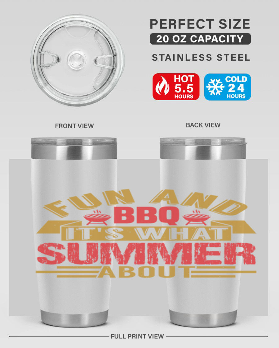 Fun and BBQ 20oz and 30oz tumblers made of stainless steel, featuring vibrant summer-themed designs, perfect for hot and cold beverages.