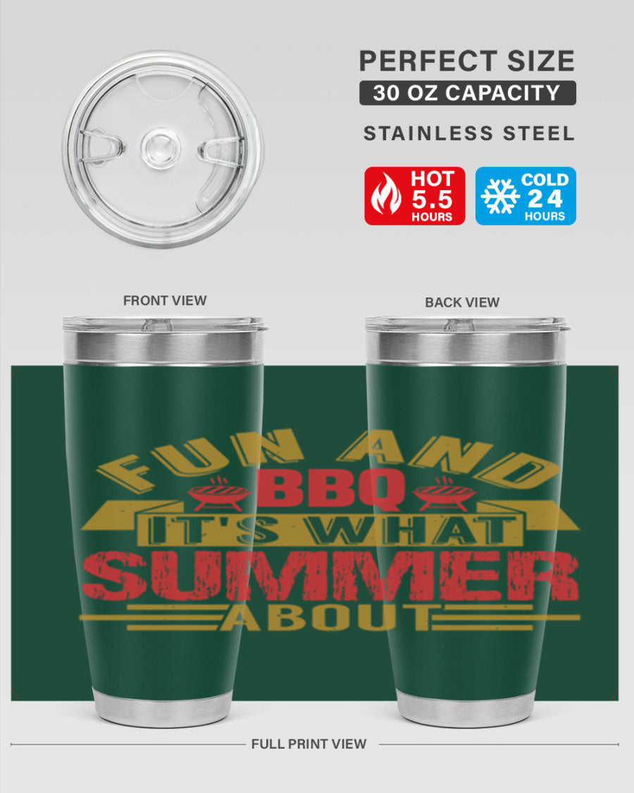 Fun and BBQ 20oz and 30oz tumblers made of stainless steel, featuring vibrant summer-themed designs, perfect for hot and cold beverages.